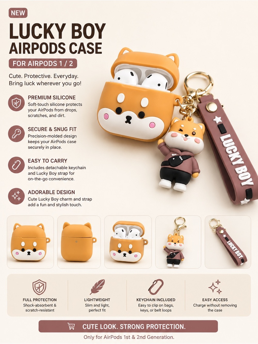 Lucky Brand Orange Lucky Boy Silicone AirPods 1&2 Case with Keychain Strap